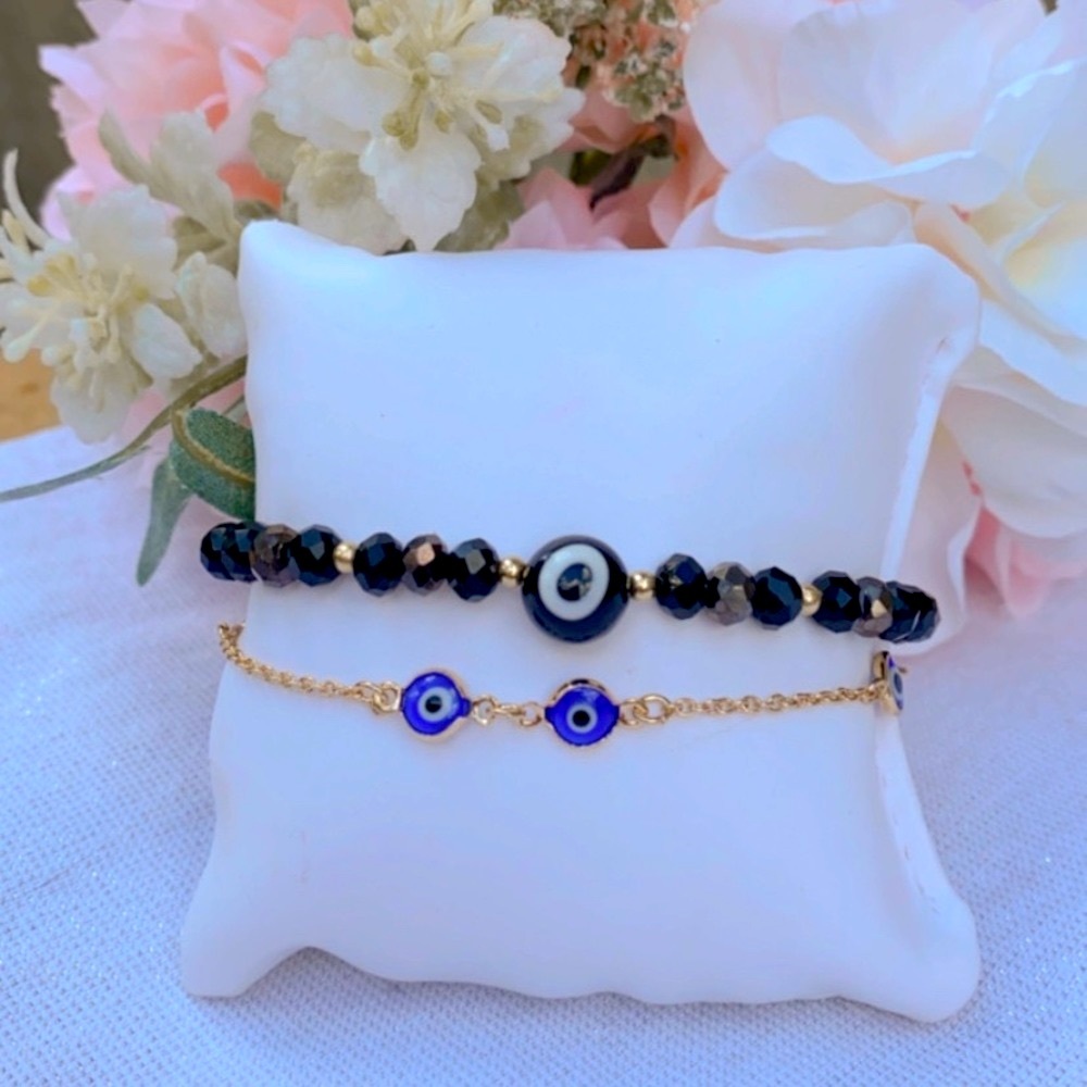 Set of 2 Crystal Beaded Turkey Evil Eye Bracelets for Women Bracelet Handmade